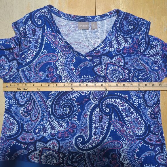 Chico's Blue Paisley Print V-Neck with sheer Chiffon hem Tunic Chico's 2 Sz 12‎ - Picture 9 of 14